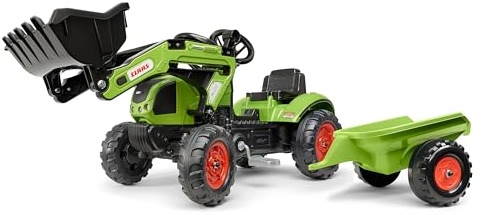 Falk 2040ML Claas Tretbaggerlader mit Anhänger, Tretbagger, Kinder-Trettraktor mit Lenkrad und Hupe, für Kinder von 2 bis 5 Jahren, Aufsitzspielzeug – Grün