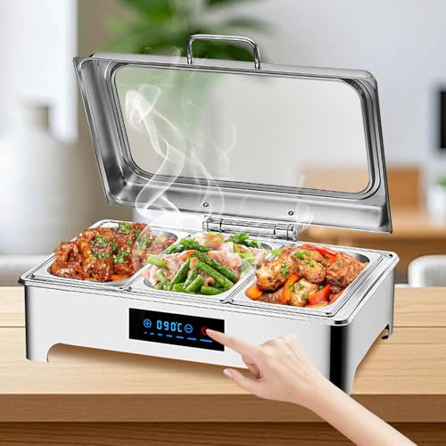 VFDZ 9L Chafing Dish Electrico para Buffet, Calentador de Buffet Electrico con Toque Inteligente, Calentador de Comida de Acero Inoxidable con Tapa de Cristal, Temperatura Ajustable 0-90℃ (1/1)