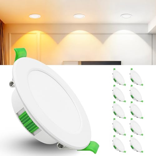 Laiebri 10er Led Einbaustrahler 230V Weiß - Extra Flach IP44 Deckenstrahler - Ø68-75mm Einbau Deckenspots 5W 600LM, 2700K/4000K/6500K Deckenlampe Deckenleuchte led für Badezimmer Wohnzimmer Küche