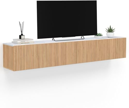 IDMarket - Mobile TV sospeso JULIETTE 180 cm con 2 ante, piano effetto marmo, doghe in legno color rovere