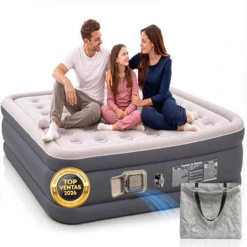 AKAMBO® Super Pack Matelas gonflable double 203 x 152 x 46 cm + accessoires | surélevé et portable | Lit gonflable pour invités, camping et maison