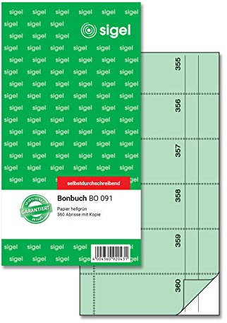 SIGEL BO091 Bonbuch Bonblock, 360 Abrisse grün, 10,5 x 20 cm, 2x60 Blatt, selbstdurchschreibend, aus nachhaltigem Papier