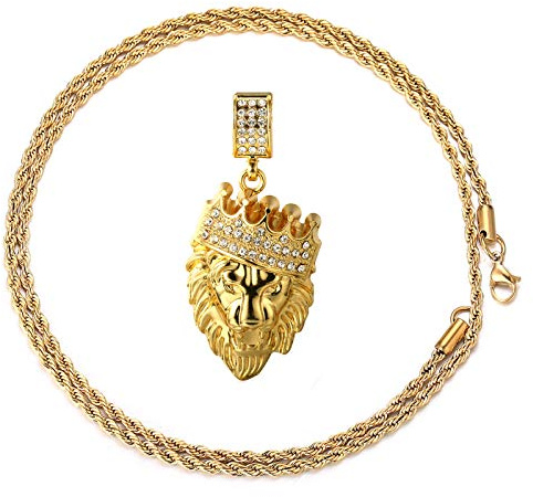 HALUKAKAH ● Kings Landing ● Men's 18k Real Gold Plated Crown Lion Pendant Necklace Artificial Diamonds Set with Free Sharktail Chain 30