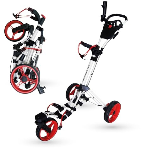 Qwik-Fold 360 Swivel 3 Wheel Push Pull Golf CART - 360* Rotating Front Wheel - ONE Second to Open & Close! (White/Red)