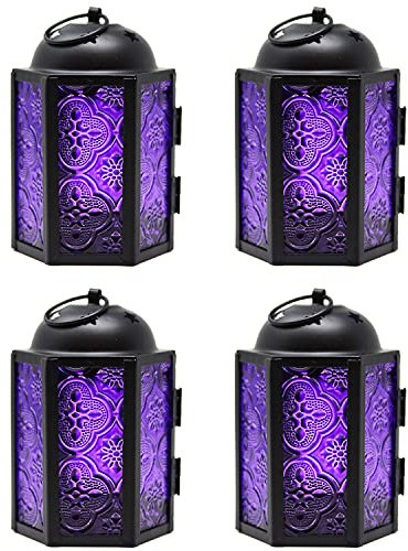 Vela Lanterns Mini Small 4.5 Inch Metal Moroccan Lantern Decorative Candle Tealight Holder for Centerpieces, Indoor Home Decor, Outdoor Patio, Weddings, Purple, Set of 4