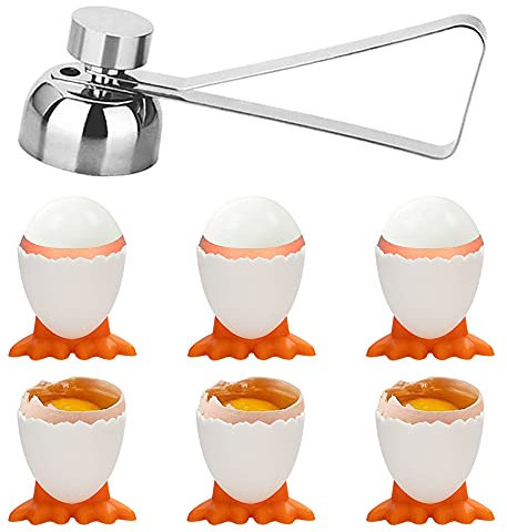 TANCUDER 6 PCS Egg Cups Novelty Easter Egg Holder Stand Chicken Egg Cups Eggcups with Stainless Steel Eggshell Cutter Topper Egg Cracker Opener Remover Kitchen Tool for Raw Soft Hard Boiled Egg