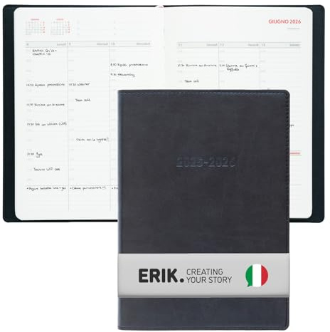 Grupo Erik: Dagbok 2025/2026 på italiensk - dagbok A5 veckoplanerare, möteskalender, 30 minuters mellanrum och välkänt utrymme, svart mjukt omslag, juli 2025 - augusti 2026