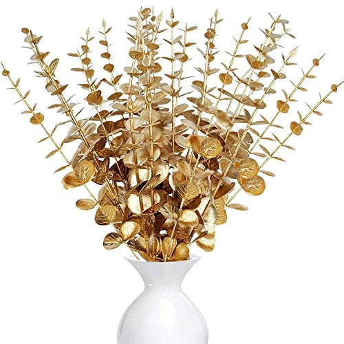 LWAIX Branches D'eucalyptus Artificielle Faux Branche Eucalyptus Artificiel 20pcs Tiges D'eucalyptus Artificielles pour Fête Mariage Décoration de Maison (20, Or)