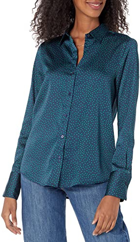 Amazon Essentials Camicia in Raso con Abbottonatura Frontale, vestibilità Classica (Disponibile in Taglie Forti) Donna, Blu Marino Scuro A Losanghe, M