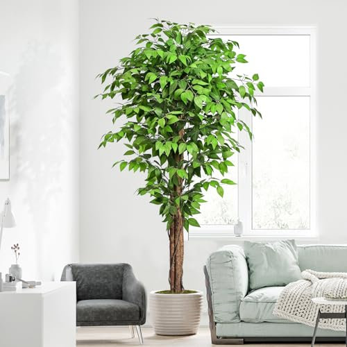 Keeplush Planta Artificial Ficus 180cm Alta con Tres Varas de Madera Natural, Planta Artificial Grande con 1300 Hojas, Plantas Artificiales Interior Decorativas para Oficina Hogar DEC