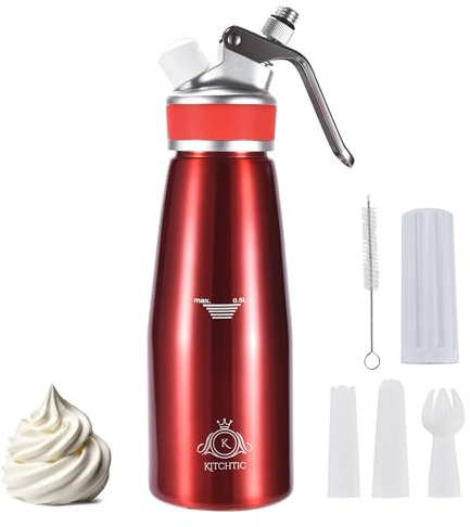KITCHTIC KÜCHE | Roter 500-ml-Sahnespender, multifunktionaler Schlagsahnebereiter für alle kalten und heißen Anwendungen – Sahnespender aus Aluminum für Sahne, kalte und heiße Soßen, Kerzenhalter