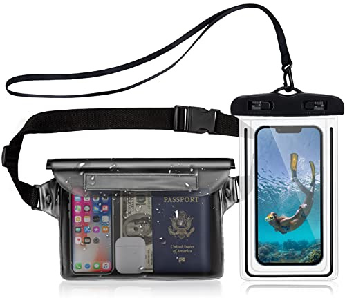 2 Pack IPX8 Universal Waterproof Phone Pouch with Adjustable Waist Strap, Screen Touchable Dry Bag for Swimming, Boating, Beach and Fishing