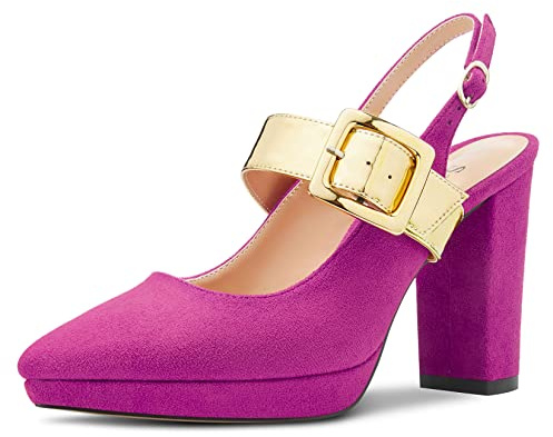 Saekcted Mujer Chunky Ancho Alto High Plataforma Heel Puntiaguada Punta Sandalias Correa Tobillo Mary Jane Pumps Fiesta Zapatos Fucsia 38 EU