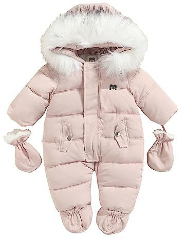ZZLBUF Baby Girl Boy Winter Snowsuit Toddler Puffer Jacket Warm Clothes Infant Footie Jumpsuit Hoodie with Gloves (Pink, 12-18 Months)