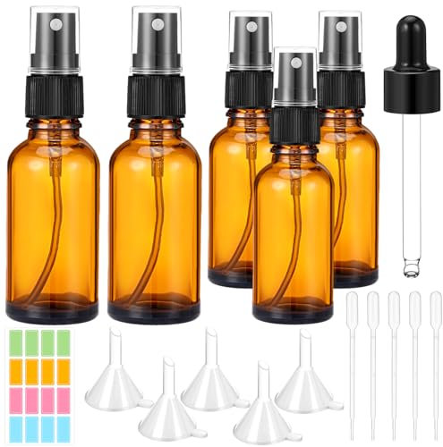 Litimkat 5 Stücke Braun Sprühflasche Glas,2x50ml 3x30ml Sprühflaschen mit Feinem Nebel,Klein Parfümzerstäuber Mit Füllwerkzeug und Aufkleber, Wiederverwendbar Zerstäuber Sprühflasche
