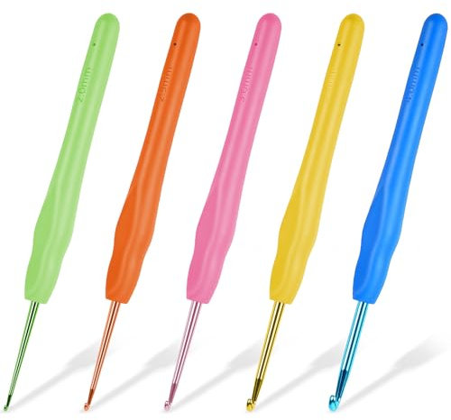 HOTUT Häkelnadel-Set, 5-teiliges Aluminium-Stricknadel-Set, ergonomische weiche Gummigriffe, tunesische Häkelnadeln, Häkelsets für Anfänger und Erwachsene – 2/2,5/3/3,5/4 mm