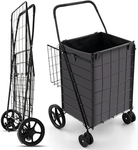 GYMAX Carro de la Compra Plegable, Carrito Compra con Bolsa de Transporte Extraíble, Carro de Mano con 2 Cestas, Carro Multiuso Portátil, Soporta hasta 40 kg, para Compra y Transporte