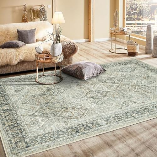 Fondream Living Room Rug,Washable Rug, Rug 120x170 cm,Green,Vintage rugs | Soft Low Pile Rugs for Bedroom Classic Carpet for Kitchen Dining Room Anti-Slip Non Shedding