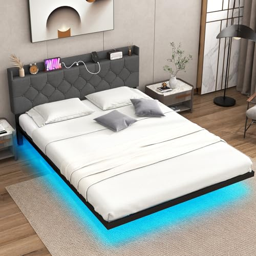 RELAX4LIFE Double/King Size Floating Bed Frame with LED Lights, Charging Station & Adjustable Headboard, Platform Bed Mattress Foundation, Slatted Bed Base, No Box Spring Needed (5ft-214x157x102cm)