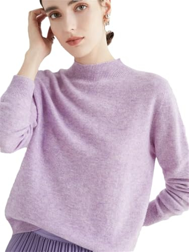 Maglione da donna lavorato a maglia con collo a lupetto a maniche lunghe, pullover basic in 100% lana merino, magliette, Viola chiaro, L