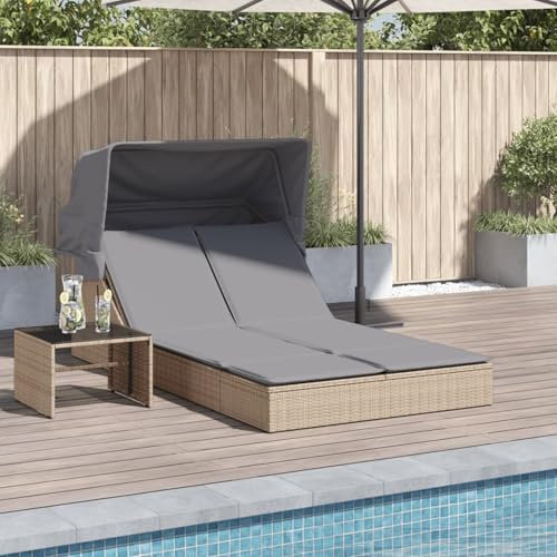 Xichuzi Doppel-Sonnenliege mit Dach und Auflagen Beige Poly Rattan, Gartenliege, Liegestuhl, Sonnenstuhl, Sonneninsel Outdoor, Liegen, Gartenmöbel, Bäderliege, Relaxliege - 368640