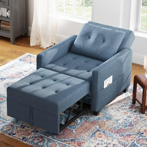 Vesgantti 3 in 1 Sofa Bed Blue, Convertible Sleeper Chair Bed with Adjustable Backrest, Fabric Single Chair with Side Pockets, Foldable Sofa Bed, Pull Out Sofa for Living Room