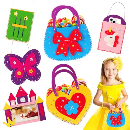 Vicloon 6 Pcs Kit de Couture Enfant, Kits de Couture en Feutre de Animal pour Enfants à Partir de 6 Ans, avec Fil à Broder/Aiguilles en Plastique/Rembourrage en Coton (sac à main)