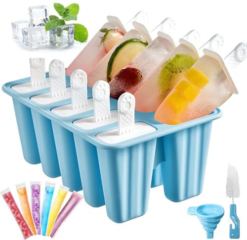 10 cavités vertes Moule Glace Silicone, Boules à Glaces sans BPA, Moules à Popsicle en Silicone Créatifs Fait Maison, Moule Glacon avec Brosses et Entonnoirs Pliants (LAN-10)