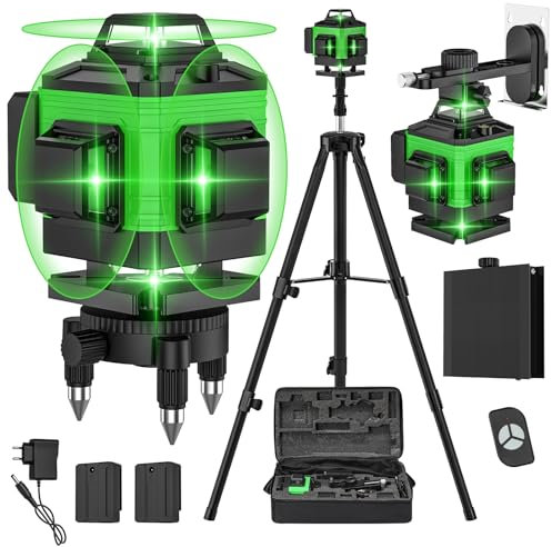 Nivel Laser Autonivelante 360°, 4D 16 Líneas Nivel Laser con 2 x 2400mAh Batería, Montaje en Pared, Trípode Ajustable, Base Giratoria, Control Remoto y Estuche de Transporte, IP54