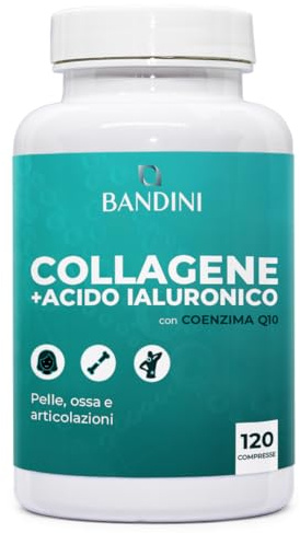Bandini® Collagene e Acido Ialuronico - Collagene idrolizzato, 120 compresse arricchite con Coenzima Q10-1000mg di collagene a dose con acido ialuronico e CoQ10 per pelle, ossa e Articolazioni