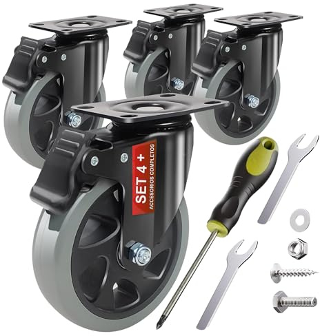Kit 4 Ruedas Para Muebles con Freno - 100 mm | hasta 600kg - Kit de Montaje Completo Tornillos y Herramientas - Ruedas Para Muebles Pesados Con Freno y Placa, Ruedas Giratorias - Silenciosas