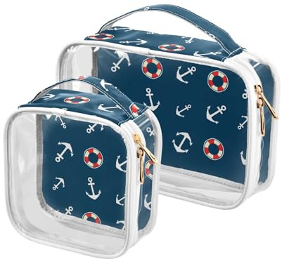 Motif Navy 2 Pieces Clear Makeup Cosmetic Toiletry Bags for Women Men PVC Waterproof Portable Travel Storage Carry Pouch with Gold Zippers Plastic Tote Bags for Traveling Bathroom Organizing
