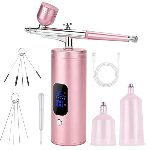 Kabelloses Airbrush-Set mit Kompressor, 30 PSI Tragbares Akku-Airbrush Kit Wiederaufladbar Handheld Airbrushpistole+ Reinigungszubehör für Make-up Nageldesign Kuchendekoration& Modellbemalung(Rosa)