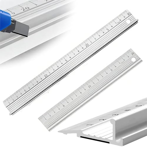 Metal Ruler Set 30cm (12 inch) + 20cm (8 inch), Aluminium Cutting Rulers with Raised Grip, Non Slip Edge Metal Ruler 30cm for Craft, DIY, School, Office & Precision Length Measurement (White)