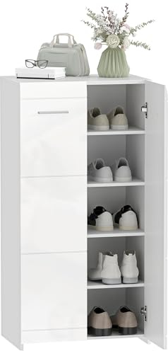 HOMCOM Scarpiera Ingresso con 5 Ripiani, Scarpiera Armadio Moderno a 2 Ante con Ripiani Regolabili Rimovibili, Porta Scarpe Salvaspazio per 10 Paia per Corridoio, 55x36x108 cm, Bianco Lucido