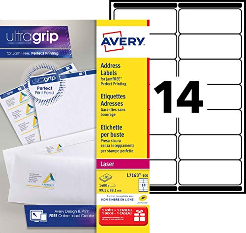 Avery Étiquettes Autocollantes Blanches, 1400 Pièces, L7163-100, 99,1 x 38,1 mm, Papier A4, Feuille A4, Pour Imprimantes Laser, Anti-Bourrage, FSC Certifiées, Pour adressage et expédition