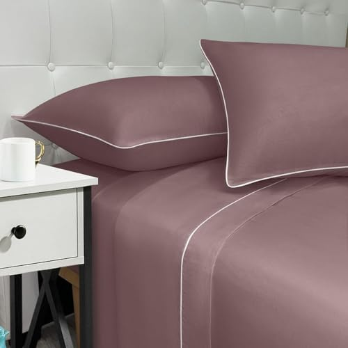 NARCISO - Lenzuola Matrimoniali 100% Cotone Made in Italy, Completo Letto Matrimoniale con Profilo Decorativo Moderno, Fantasia Tinta Unita in Varie Colorazioni, Cipria