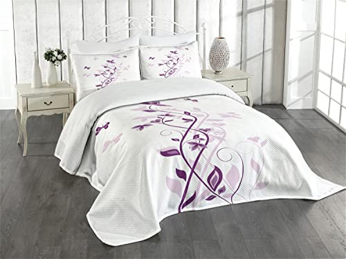 ABAKUHAUS Lila Tagesdecke Set, Violet-Blüten, Gestepptes 3-teiliges Bettdecken-Set mit 2 Kissenbezügen, für Doppelbetten 220 x 220 cm, Pflaume Weiß