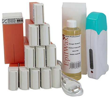 EpilWax Haarentfernungsset Solo komplett : Wachswärmer, 12 Roll-On-Wachs 100 ml mit Argan, 100 Epilierstreifen, 1 Flasche 250 ml Öl nach der Epilation (Solo Serie Argan 12)