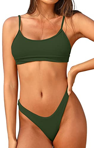 SHEKINI Costumi da Bagno a Costine Bikini Brasiliano Fascia Imbottita Pantaloni Perizoma High Cut Bikini SGAMBATO (Verde dell'Esercito, S)