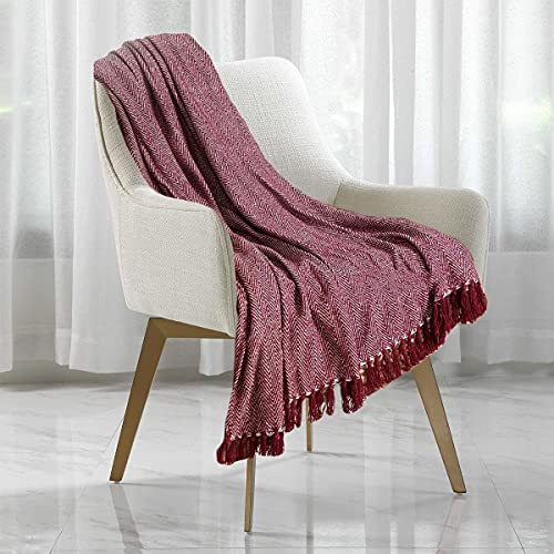 Herringbone Throw for Sofa and Bed, Large 3 Seater Sofa Cover, Single and Double King Size Bed Blanket, Burgundy Throw Double (229cms x 254cms)