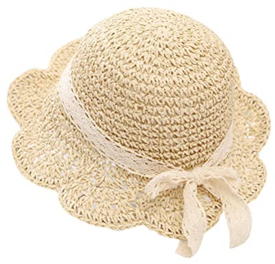 Uniyoung Baby Girls Summer Straw Hat Toddler Kids Lace Bowknot Sun Protection Hats Wide Brim Foldable Beach Hat for Holiday Travel Outdoor (Beige)