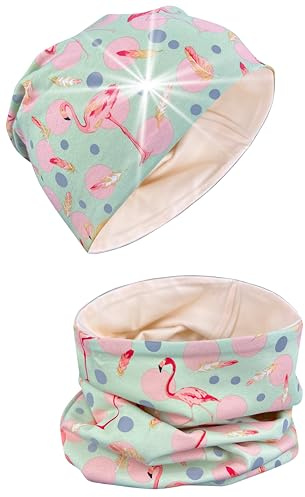 HECKBO Bonnet Flamant Rose Enfant & Snood – Réflecteur 360° – Coton – 2–8 ans – Snood enfant – Parfait pour le printemps, l’automne & les journées douces en extérieur (48–54 cm)