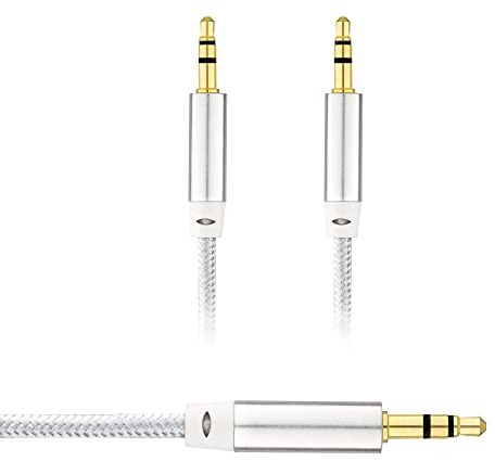Audio Cable 3,5mm Aux Cable Stereo Jack Cable Nylon Braided Aux to Aux Cable Lead for Car, Headphone, iPhone, iPad, Samsung, MP3, Smartphone, Tablet, Home Stereo, Laptop (Silver - 1 Meter)