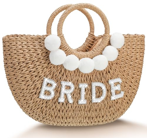 Pinkunn Bride Gift Beach Bag Mrs Handwoven Straw Bag Rhinestone Pearl Letters Purse Bachelorette Wedding Honeymoon Essentials(Bride, Pearl Letter)
