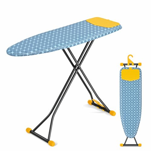 APEXCHASER Ironing Board with Iron Rest, Compact and Space Saver Iron Board, Extra Thick Cover, Height Adjustable, Wall Mount & Closet Hanger 13x43 Yellow