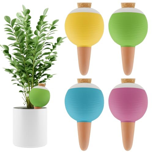 Kalolary 4 PCS Clay Tips Irrigation, Plant Terracotta Watering Devices, Large Plant Watering Globes, Self Watering Spikes with Wooden Stopper for Pots, Planters, Indoor & Outdoor Plants(4 Colors)