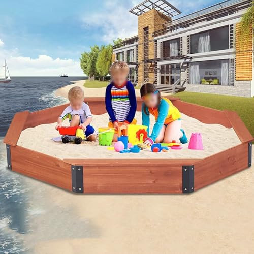RSBQBATA Achteckiger Sandkasten mit Wasserdichtem Abdecktuch, Großer Sandkasten Aus Holz mit 4 Bänken, Hölzernes Spielgerät für Draußen, Schnell