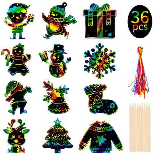 Kiiwah Set Natale Scratch Art Bambini, 36pcs Graffiti Colorati con Corda e Penna di Legno per Decorazioni Albero di Natale, Bambini Regalo