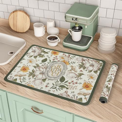SITAKEGS Dish Drying Mat, 2PCS Absorbent Coffee Mat Vintage Floral Plates Soft Microfibre Kitchen Drainers, Non Slip Rubber Backed Drying Mat for Kitchen Utensils Kitchen Sink Countertop